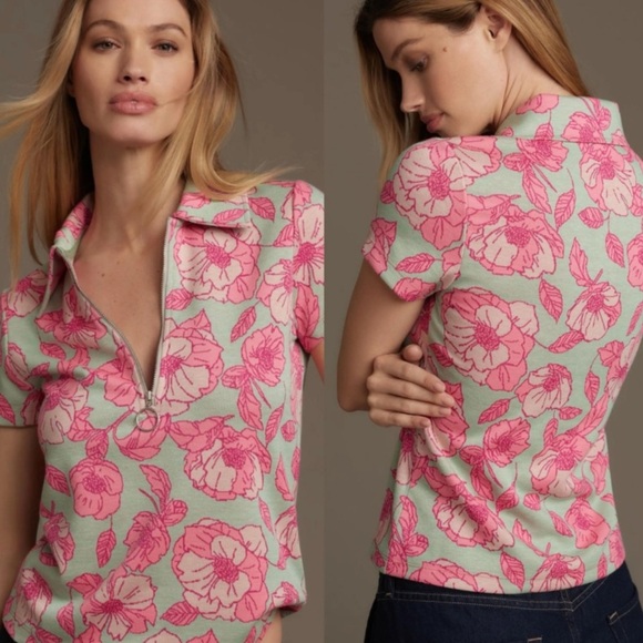 Maeve By Anthropologie 1/2 Zip Floral Short Sleeve Top Size Extra Small EUC! - Picture 1 of 10